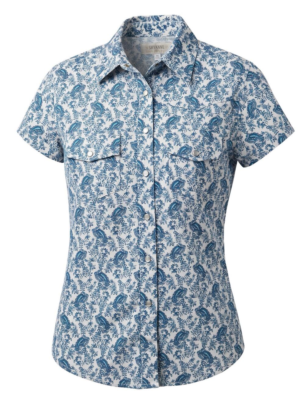 Shyanne Girl's M Western Blue White Paisley Button Up Short-Sleeve Cowboy Top